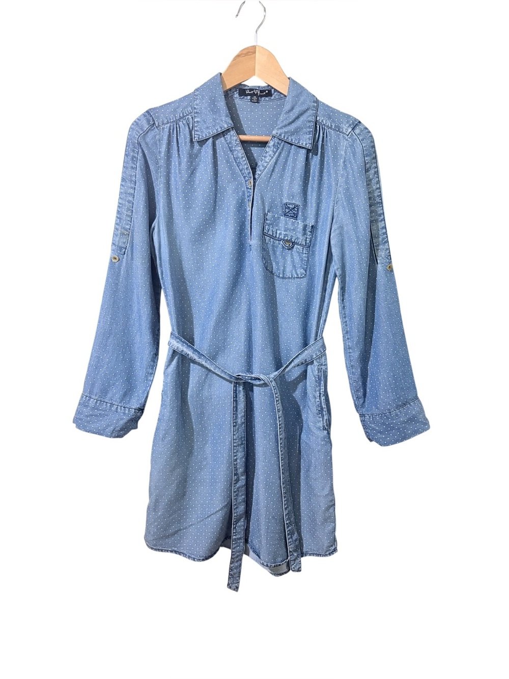 Velvet Heart Polka Dot Chambray Henley Shirt Dress w/ PocketsSz XS
